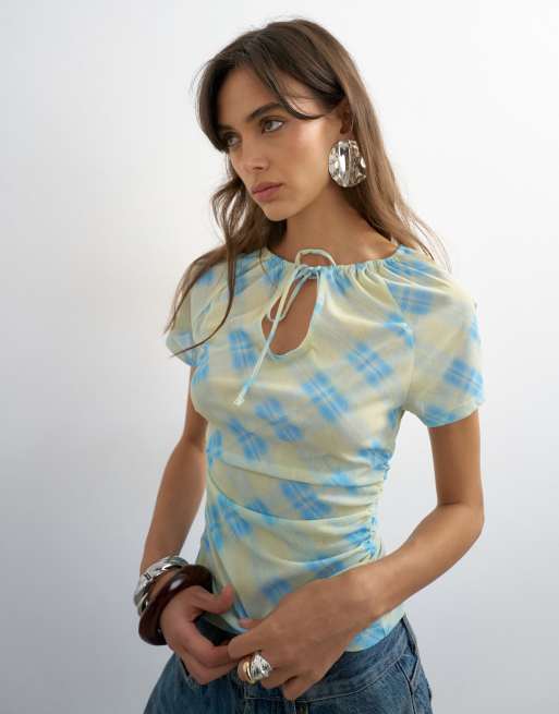 Topshop check mesh key hole detail short sleeve top in blue, 3 of 4