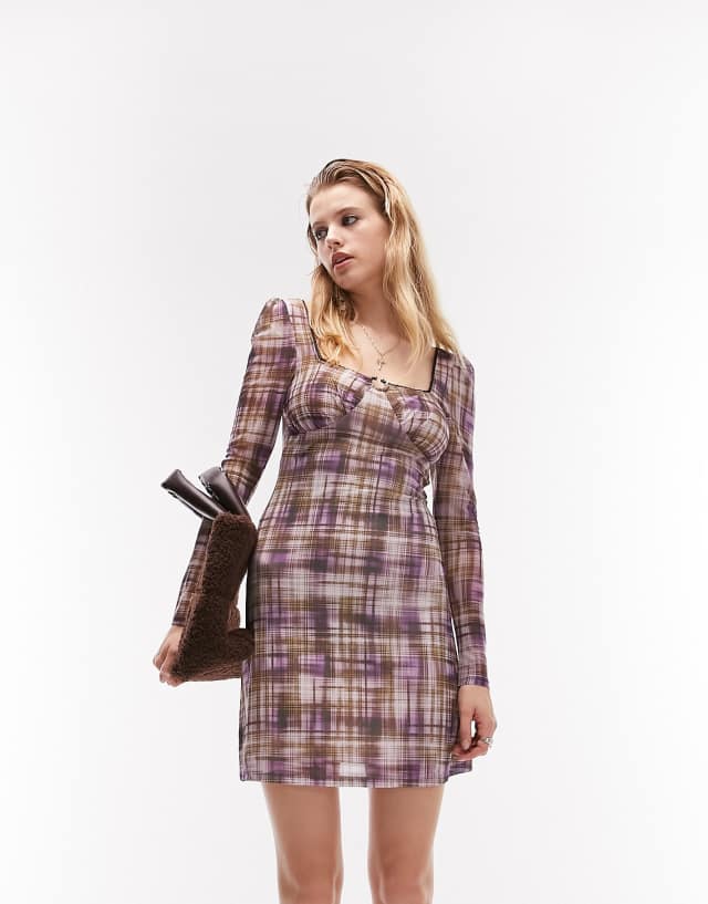 Topshop check mesh mini tea dress in purple