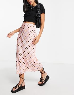 Topshop check midi bias slip skirt in pink