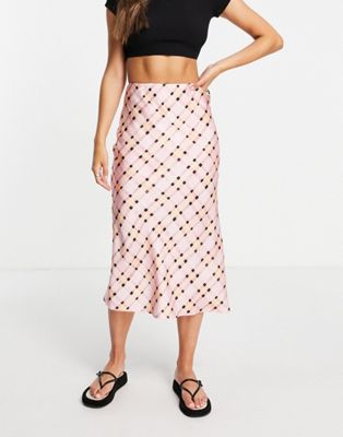 Topshop check midi bias slip skirt in pink
