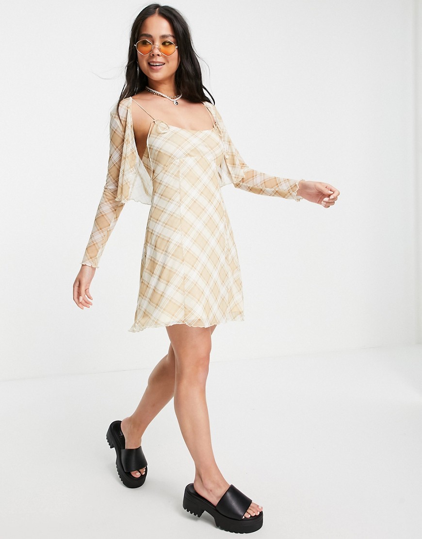 Topshop check mini jersey slip dress with cardigan in natural-Neutral