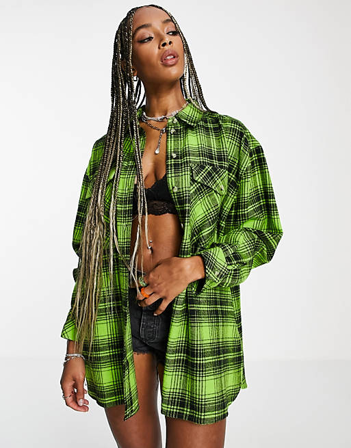 Tops Shirts & Blouses/Topshop check oversized shirt in lime 
