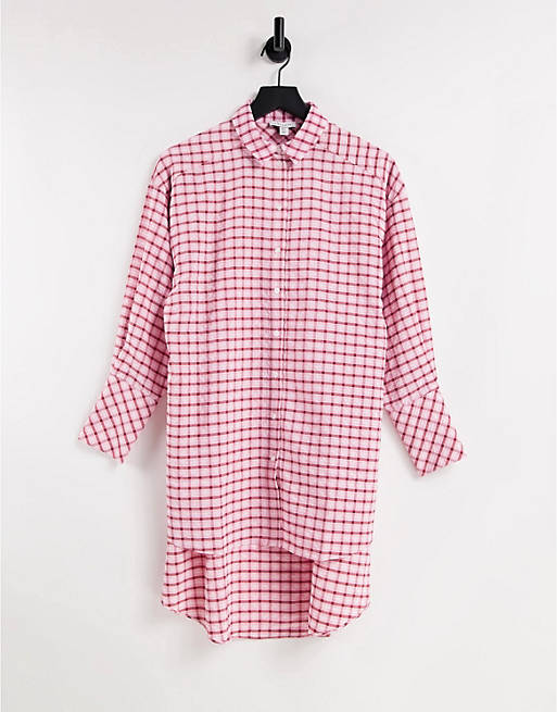 Women Topshop check oversized step hem shirt in pink and red 