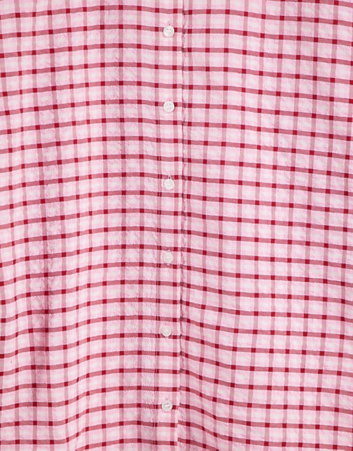 Women Topshop check oversized step hem shirt in pink and red 