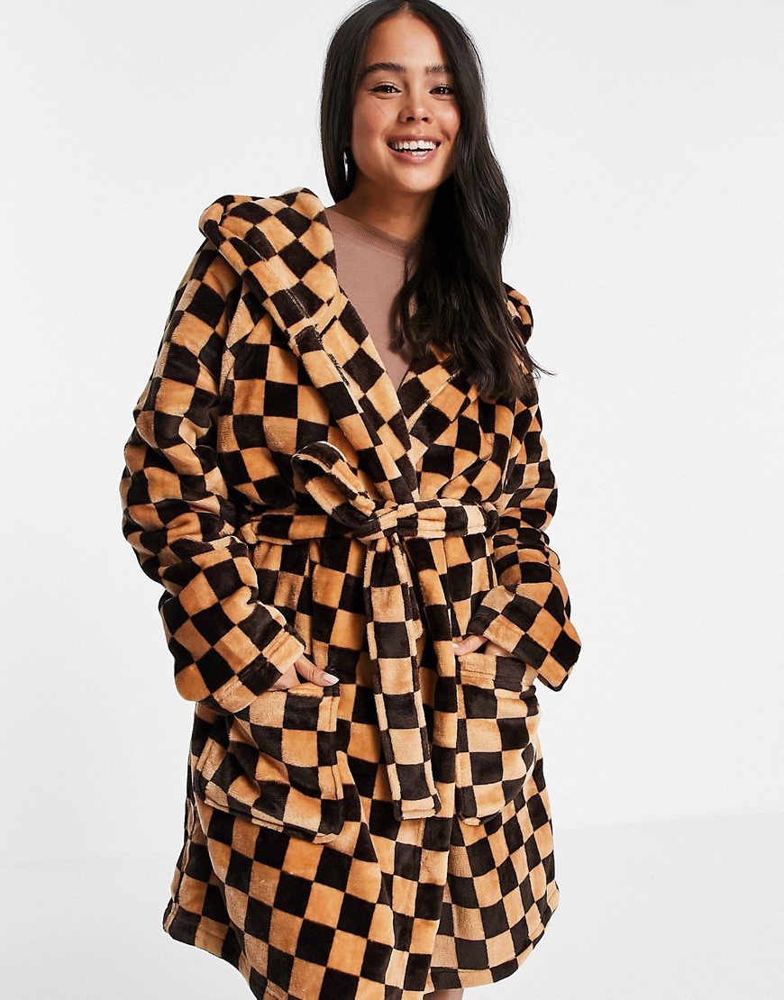 Topshop check pattern hooded robe-Neutral