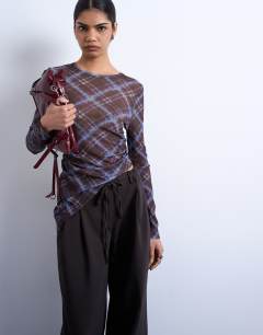 Check print asymmetric long sleeve top in multi