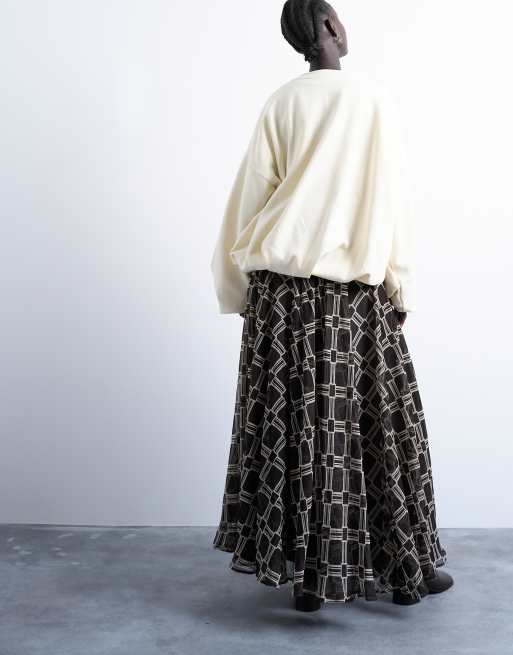 Topshop check print full circle maxi skirt in chocolate, 5 of 5