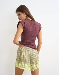Model wearing Check print lace trim shorts in multi
