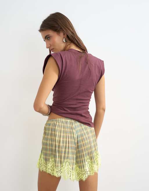Topshop check print lace trim shorts in multi, 3 of 5