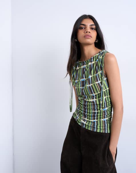 Topshop check print microfibre ruched shoulder tank in green - view 1