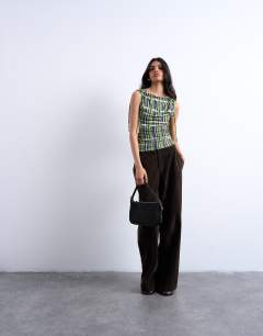 Model wearing Check print microfibre ruched shoulder tank in green