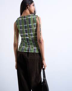 Model wearing Check print microfibre ruched shoulder tank in green