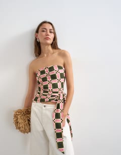 Check print tie detail bandeau top in green