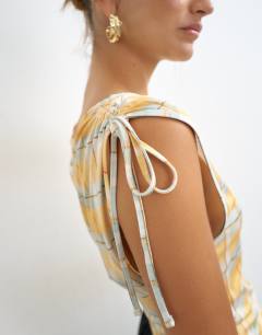 Model wearing Check ruched detail top in yellow