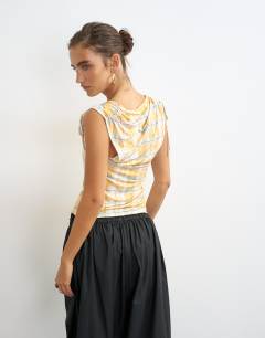 Model wearing Check ruched detail top in yellow