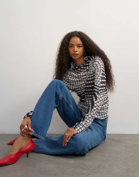 Topshop check ruched long sleeve top in black - view 1