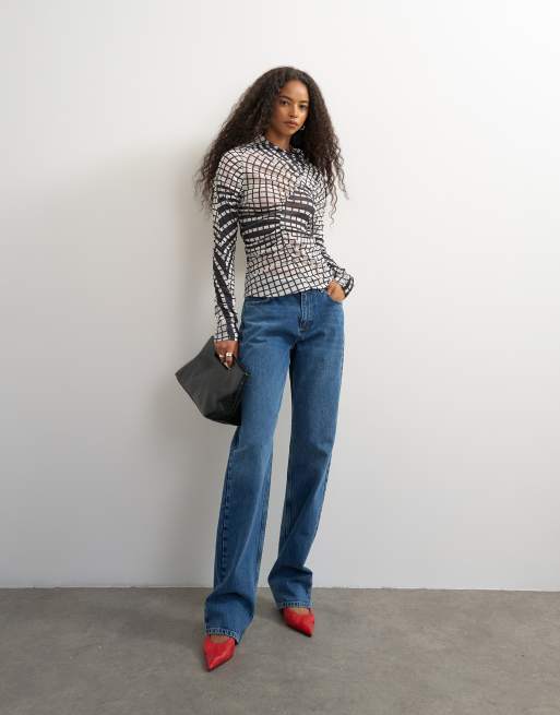 Topshop check ruched long sleeve top in black, 4 of 4