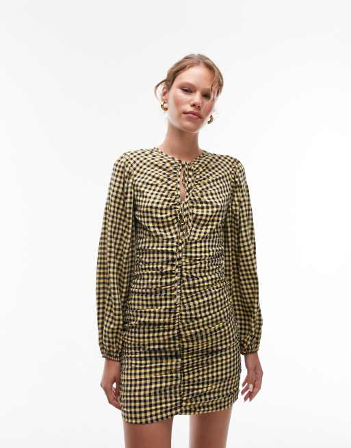 Topshop check ruched mini dress in yellow 