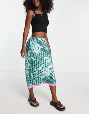 Topshop check satin bias midi skirt with lace trim in green Smart Closet