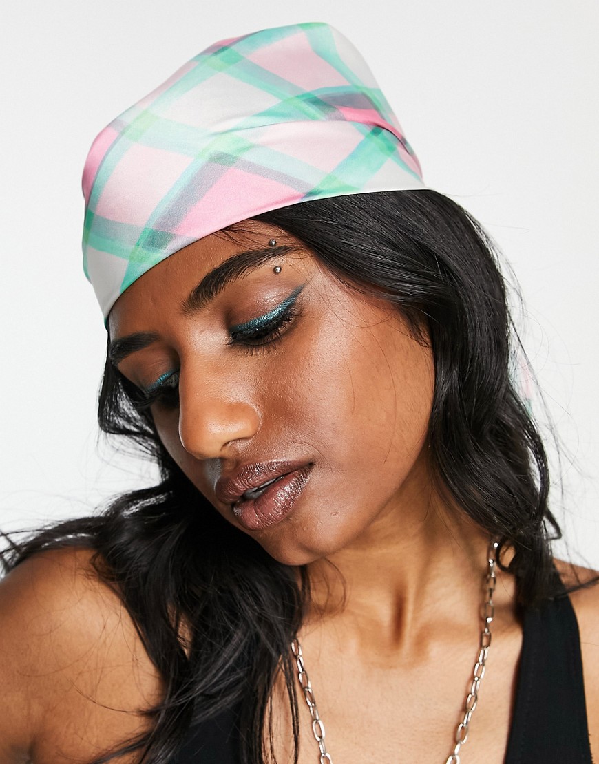 Topshop check satin headscarf in pink and green-Multi