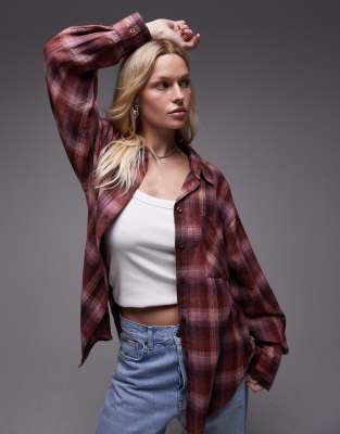 Topshop Check Shirt In Pink And Burgundy