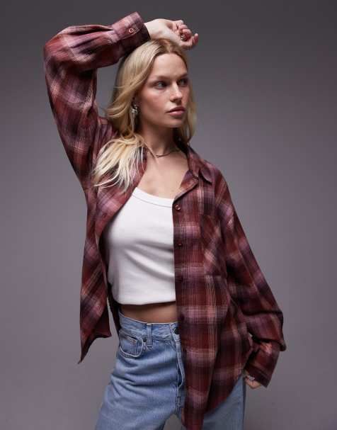 Topshop check shirt in pink and burgundy - view 1