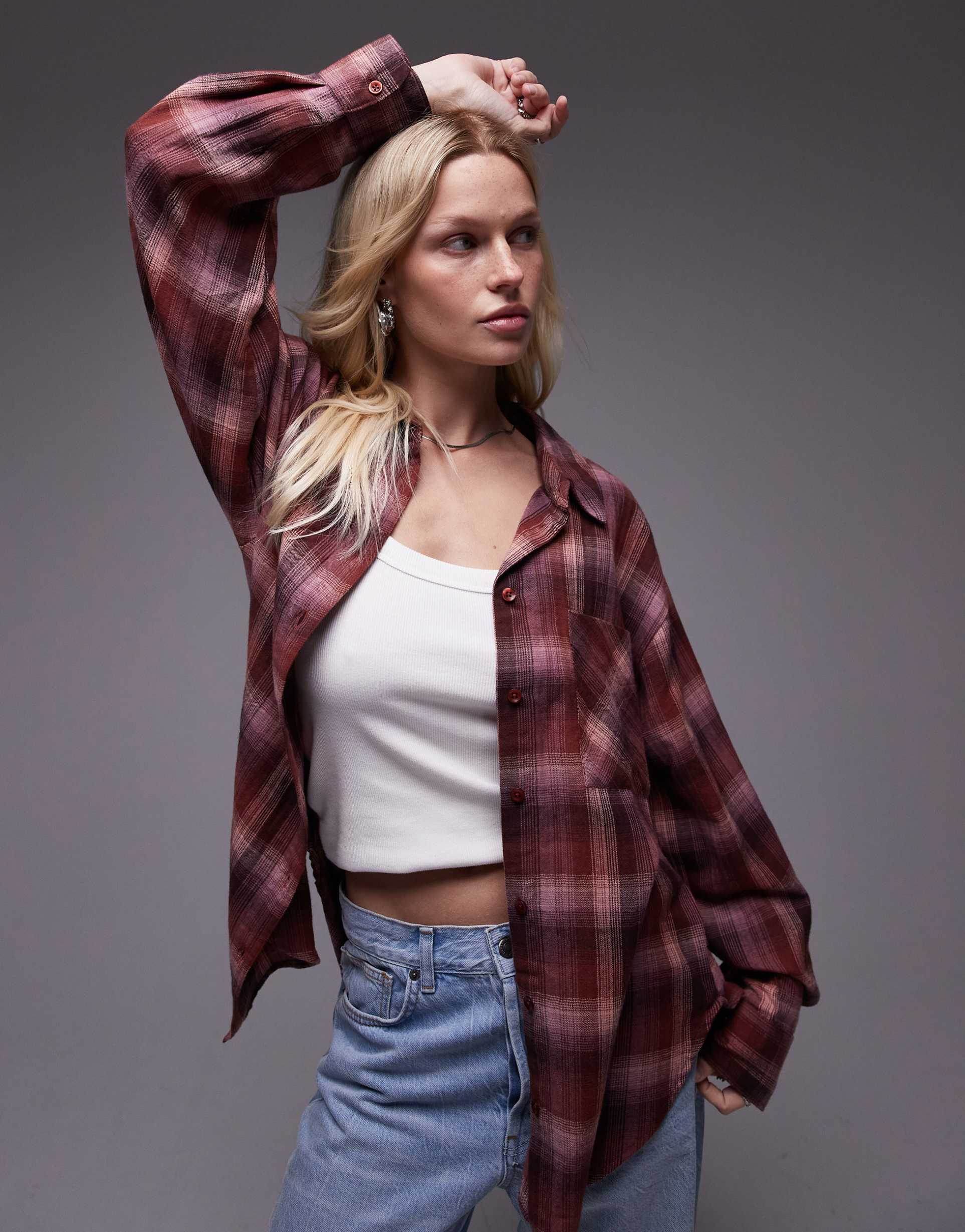 topshop check shirt in pink and burgundy