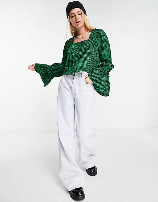 Tops Shirts & Blouses/Topshop check tiered sleeve chuck on top in green 