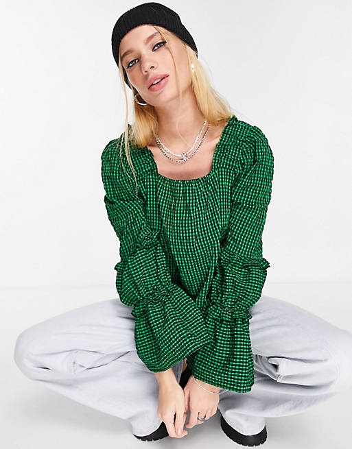 Tops Shirts & Blouses/Topshop check tiered sleeve chuck on top in green 