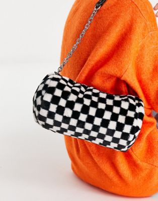 Topshop checkerboard fur bowler bag