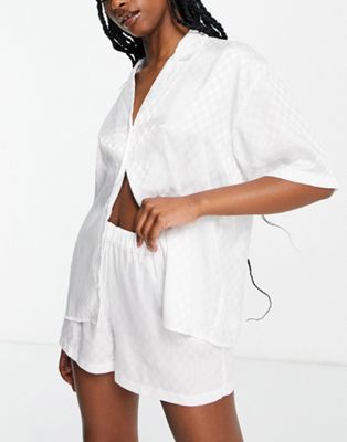 Topshop checkerboard jacquard shirt & short pyjama set in white