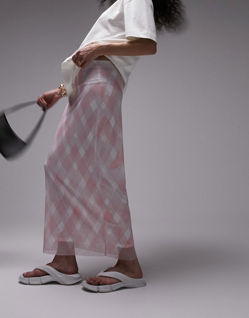 Topshop checkerboard mesh midi skirt in pink