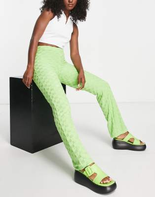 Topshop Checkerboard Print Devore Flare Pants In Green - Part Of A Set-neutral