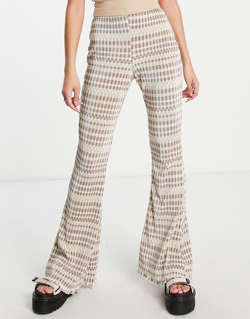 Topshop checkerboard print plisse flare pants in beige - part of a set-Brown
