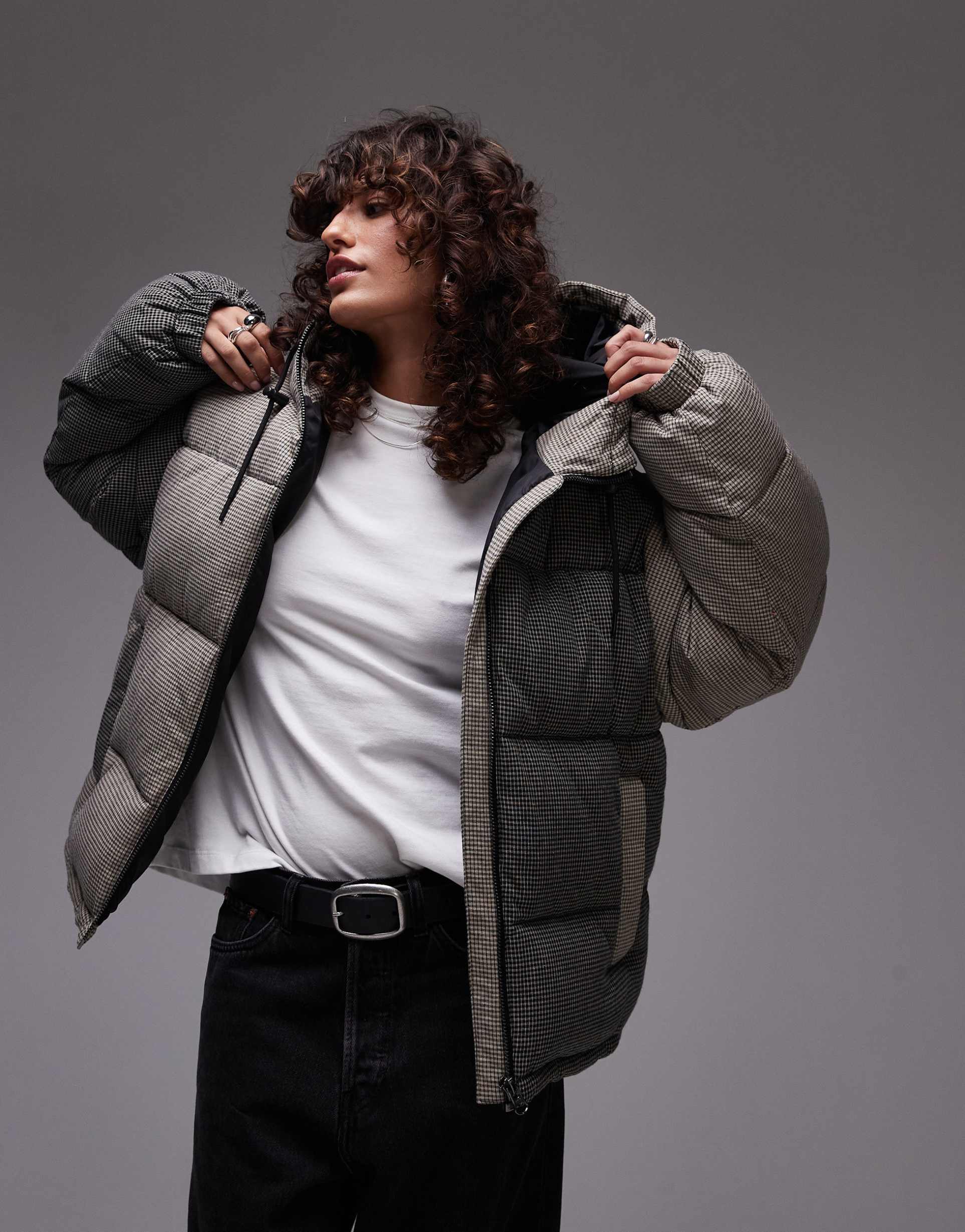 topshop checkered puffer coat in nylon in multi