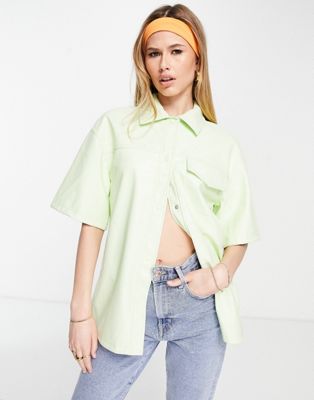 Topshop faux leather short sleeve shirt in lime - ASOS Price Checker