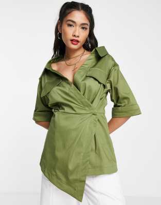 Topshop premium utility wrap shirt in green - ASOS Price Checker