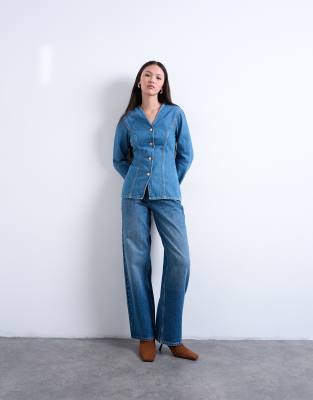 Chemise cintrée en denim à encolure en V - Bleu moyen 34