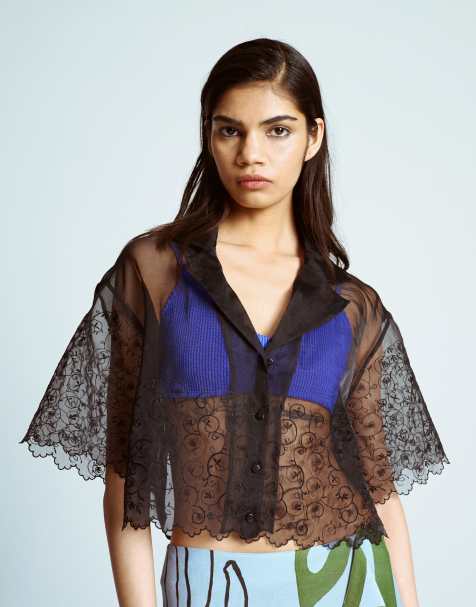 Topshop - Chemise courte brodée en organza - Noir - view 1