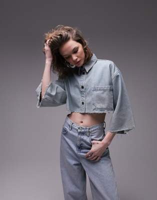 Chemise En Jean Topshop - Taille 10, Bleue, à Poches Et Détails Cloutés, Occasion Très Bon état