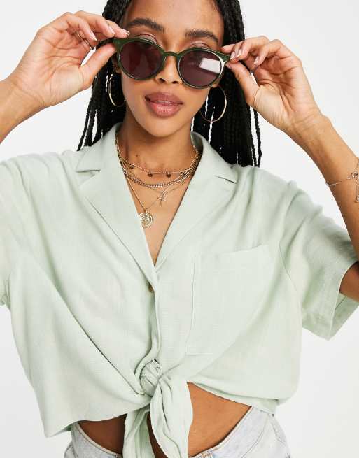 Topshop - Chemise courte en lin nouée sur le devant - Kaki