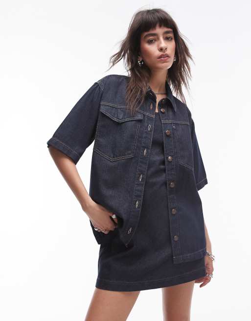 Topshop - Chemise de vacances en jean léger à manches courtes - Indigo