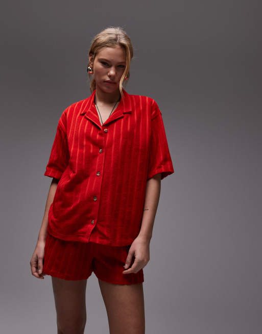 Topshop - Chemise d'ensemble coupe carrée en tissu éponge - Rouge, 2 de 4