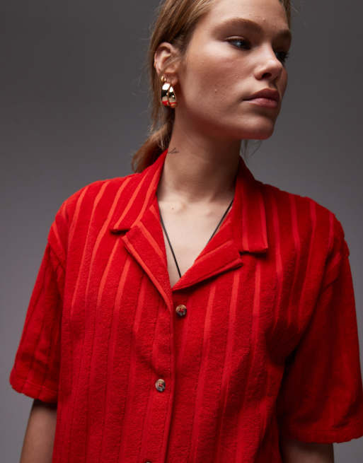 Topshop - Chemise d'ensemble coupe carrée en tissu éponge - Rouge, 3 de 4