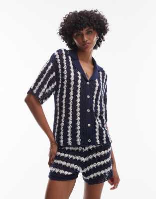 Chemise d'ensemble en maille à rayures et surpiqûres - Bleu et ivoire S