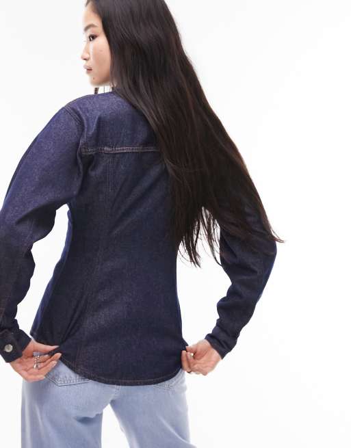Chemise En Jean Topshop - Taille 10, Bleue, à Poches Et Détails Cloutés, Occasion Très Bon état