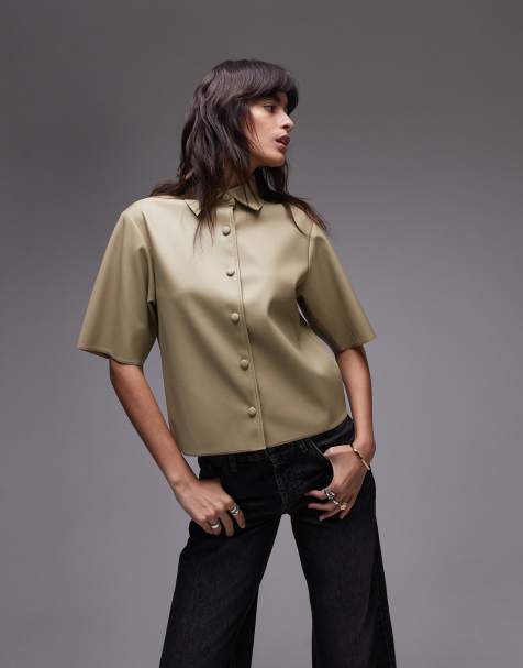 Topshop - Chemise en similicuir à manches courtes - Sauge - view 1