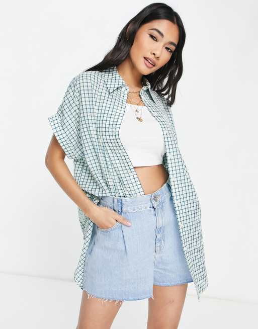 Topshop - Chemise oversize à manches courtes et carreaux - Bleu sarcelle