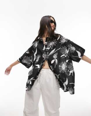 Chemisier Vintage M&S MODE Imprimé Fleurs Noir Et Blanc - Taille 50 - Occasion Très Bon état