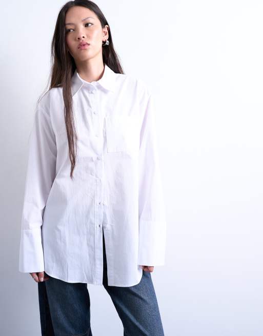Topshop - Chemise oversize en popeline avec taille cintrée - Blanc